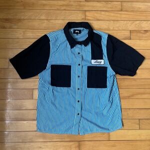 Stussy Doris Garage Jersey Shirt In Blue Black Stripe Short Sleeve Large